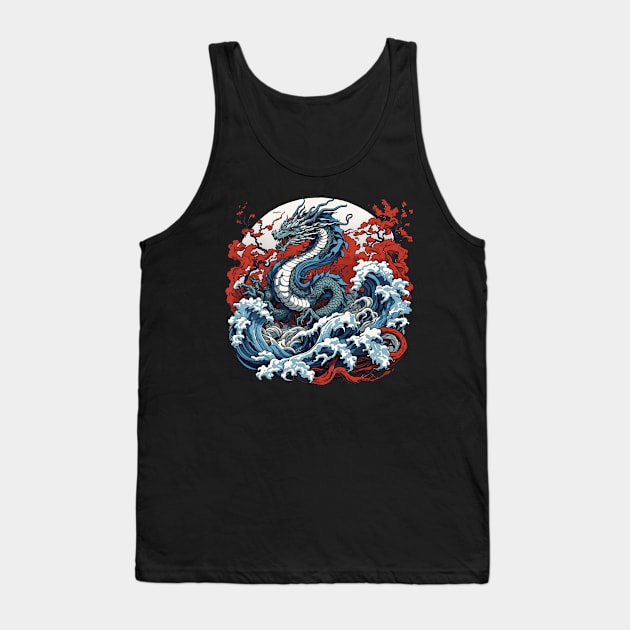 Dragon against the backdrop of a setting sun bathed in ocean waves Tank Top by T-Shirt Paradise